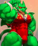  abs absurd_res anthro bodily_fluids clothing dragon friendly_unit93 green_body green_scales hi_res kings_of_hell mal_leviathan male mask muscular muscular_anthro muscular_male necktie pecs scales slit solo sweat tight_clothing vein veiny_muscles wings 