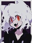  1other a_(poipiku_325815) androgynous animal_ears black_jacket blood blood_on_face blush border cat_ears cat_tail commentary_request fangs hair_between_eyes hunter_x_hunter jacket looking_at_viewer neferpitou open_mouth orange_eyes other_focus purple_background short_hair smile solo tail tongue tongue_out upper_body white_border white_hair 
