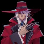  1boy absurdres alucard_(hellsing) alucard_(hellsing)_(cosplay) ascot black_background black_sclera claw_ring coat collared_shirt colored_sclera cosplay earrings fingernails gem hair_between_eyes hair_over_one_eye hand_up hat highres jewelry league_of_legends long_sleeves red_coat red_eyes red_headwear sharp_fingernails shirt simple_background smile solo sundaycat3 upper_body vladimir_(league_of_legends) white_ascot wide_sleeves 