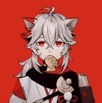  1boy animal_ears cat_boy cat_ears eating food genshin_impact japanese_clothes kaedehara_kazuha male_focus multicolored_hair red_background red_eyes red_hair rome_romedo short_hair simple_background solo streaked_hair sweat taiyaki upper_body wagashi white_hair 