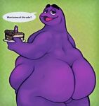  2023 anthro belly big_butt butt butt_dimples cake cake_slice captchevron dessert dialogue digital_media_(artwork) english_text eyebrows fat_rolls food grimace_(mcdonald&#039;s) half-closed_eyes hi_res male narrowed_eyes obese obese_anthro obese_male open_mouth overweight overweight_anthro overweight_male purple_body rear_view shaded smile solo text 
