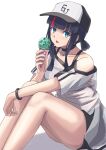  1girl baseball_cap black_hair blue_eyes blush breasts fate/grand_order fate_(series) food hat highres ice_cream ice_cream_cone ksfactory looking_at_viewer low_twintails medium_breasts medium_hair multicolored_hair pink_hair short_twintails sidelocks sitting streaked_hair thighs twintails utsumi_erice utsumi_erice_(swimsuit_avenger) utsumi_erice_(swimsuit_avenger)_(first_ascension) white_headwear 