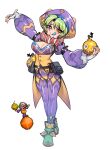  1girl :q areola_slip blue_tongue blush breasts clown_(terraria) colored_tongue facial_mark fingerless_gloves full_body gloves green_hair highres large_breasts long_sleeves mismatched_pupils nyong_nyong pants pointy_ears puffy_long_sleeves puffy_sleeves purple_pants red_eyes shirt short_hair solo standing terraria tongue tongue_out white_gloves yellow_shirt 