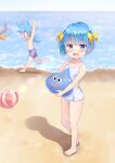  1boy 1girl 2others absurdres alternate_color_school_swimsuit ball beach beachball blue_eyes blue_hair blue_swim_trunks blunt_bangs blurry blurry_background blush bow breasts brother_and_sister child commentary_request depth_of_field dragon dragon_kid_(dragon_quest) dragon_quest ear_piercing female_child full_body green_bow hair_bow hero&#039;s_daughter_(dq5) hero&#039;s_son_(dq5) highres male_child male_swimwear multiple_others ocean old_school_swimsuit one-piece_swimsuit outdoors paid_reward_available piercing ponytail school_swimsuit short_hair siblings slime_(creature) slime_(dragon_quest) small_breasts standing swim_trunks swimsuit tenjou_ryuka white_one-piece_swimsuit 