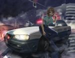  1girl 3boys badge brown_hair building car cigarette city hat holding holding_cigarette jettoburikku medium_hair motor_vehicle multiple_boys night original outdoors police police_badge police_car police_hat police_uniform policeman policewoman rain sharp_teeth smoke teeth traffic_light uniform water wet 