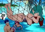  1boy 2girls armband arms_up ass ball barefoot beachball bikini blue_hair blue_sky blush bottle braid breasts closed_eyes closed_mouth commentary day drinking_straw drinking_straw_in_mouth drooling eyelashes eyewear_on_head glasses green_hair hammock hands_up hanging_breasts head_on_pillow height_difference hetero highres hipa_(some1else45) holding holding_ball holding_beachball holding_bottle horizon horns innertube long_hair looking_at_another lying medium_breasts mouth_drool multiple_girls nahia_(some1else45) ocean on_stomach one-piece_swimsuit one-piece_thong opaque_glasses original outdoors palm_leaf parted_bangs parted_lips partially_submerged pectorals pillow pointy_ears red_hair short_hair sky sleeping small_breasts some1else45 sunglasses swimsuit symbol-only_commentary thought_bubble toes toned toned_male tree v-shaped_eyebrows very_long_hair water 