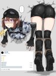  ass banana banana_peel boots character_request copyright_request eating food fruit fuku_(fuku12290574) gloves goggles goggles_on_headwear hat highres jacket long_sleeves military military_hat military_jacket military_uniform short_hair through_wall uniform 