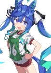  1girl :d @_@ absurdres ahoge animal_ears bangs bib blue_eyes blue_hair gazacy_(dai) gym_shirt gym_shorts gym_uniform hair_between_eyes hands_on_hips heterochromia highres horse_ears horse_girl horse_tail original_race_uniform_(umamusume) puffy_short_sleeves puffy_sleeves purple_eyes red_shorts sharp_teeth shirt short_eyebrows short_shorts short_sleeves shorts simple_background smile solo tail teeth thick_eyebrows twin_turbo_(umamusume) twintails umamusume v-shaped_eyebrows white_background white_shirt 