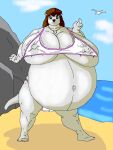  ambiguous_gender anthro avian beach big_breasts bikini bird blue_eyes breasts brown_hair clothing cloud danellz digital_media_(artwork) duo female feral gull hair huge_belly huge_breasts jewelry lari larid mammal mustelid necklace nipple_outline obese obese_anthro obese_female open_mouth otter overweight overweight_anthro overweight_female rock sand seaside ski swimwear thick_thighs water 