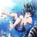  1boy aqua_hair barefoot black_hair blue_eyes blue_male_swimwear feet fish hana_ni_nare highres kimetsu_no_yaiba long_hair male_focus male_swimwear multicolored_hair muscular muscular_male solo swim_trunks toes tokitou_muichirou topless_male underwater 