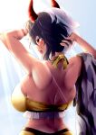  0-den 1girl absurdres animal_ears back bare_shoulders black_hair breasts cow_ears cow_girl cow_horns highres horns large_breasts multicolored_hair red_eyes short_hair solo sunlight tongue tongue_out touhou two-tone_hair upper_body ushizaki_urumi wet white_hair 