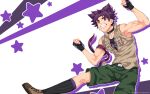 1boy belt brown_shirt camp_buddy collared_shirt foot_out_of_frame green_shorts highres looking_at_viewer male_focus mikkoukun official_art official_wallpaper parted_lips purple_hair purple_outline purple_ribbon red_eyes ribbon scar scar_on_arm scar_on_face shirt shorts sleeveless smile solo starry_background teeth white_background yukimura_yoichi 