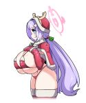  1girl adapted_costume bikini blue_archive breasts capelet cropped_legs detached_sleeves fake_antlers fur_trim h_earth hair_ornament halo hanae_(blue_archive) hanae_(christmas)_(blue_archive) heart heart_hair_ornament highres holly_hair_ornament huge_breasts long_hair micro_bikini mittens oppai_loli pom_pom_(clothes) purple_hair red_bikini red_hood red_thighhighs shortstack simple_background solo swimsuit thick_thighs thighhighs thighs twintails very_long_hair white_background 