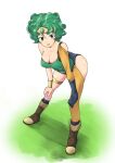  1girl asymmetrical_legwear bare_shoulders bent_over black_gloves black_panties black_socks blue_eyes blue_gemstone boots breasts cleavage collarbone curly_hair dragon_quest dragon_quest_iv full_body gem gloves green_hair green_shirt hair_between_eyes hands_on_own_knees heroine_(dq4) highres knee_boots kneehighs layered_legwear legs_apart long_sleeves medium_breasts mismatched_legwear open_mouth orange_sleeves orange_thighhighs panties powerhamuhamu shirt short_hair single_glove single_sleeve single_strap single_thighhigh smile socks solo standing thighhighs thighlet underwear uneven_legwear wristlet 