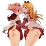  2girls absurdres ass blonde_hair blue_eyes blush bow clothes_lift grey_eyes hair_bow highres kamiki_uutarou long_hair looking_at_viewer multiple_girls no_panties open_mouth pink_hair school_uniform simple_background skirt skirt_lift toshinou_kyouko twintails white_background yoshikawa_chinatsu yurigaoka_girls_academy_school_uniform yuru_yuri 