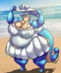  &lt;3 2_toes anthro beach belly big_breasts blue_body blue_eyes breasts clothed clothing dragon dress eyelashes feathered_wings feathers feet female generation_6_pokemon goo_creature goodra hat headgear headwear hi_res high-angle_view holding_clothing holding_hat holding_headgear holding_headwear holding_object looking_at_viewer nintendo overweight overweight_female pokemon pokemon_(species) ring sea seaside sky solo star summer summer_dress summer_hat thick_thighs toes water white_clothing white_dress wings z_dragon 