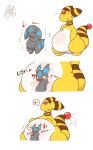  ambiguous_gender ampharos anthro belly belly_squish big_belly blush bodily_fluids duo eeveelution generation_2_pokemon hi_res japanese_text nintendo obese overweight pokemon pokemon_(species) scientific_instrument shaking shiny_pokemon shivering squish sweat takisan_oekaki text thermometer umbreon 