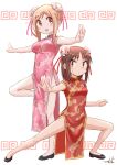  2girls :d aikawa_chiho bare_arms bare_legs black_footwear blush breasts brown_eyes brown_hair bun_cover china_dress chinese_clothes closed_mouth covered_navel double_bun dress flying_sweatdrops hair_bun highres light_brown_hair medium_breasts multiple_girls okano_kei outstretched_arms parted_bangs shoes simple_background small_breasts smile spread_arms standing standing_on_one_leg sweat umiroku white_background yuyushiki 