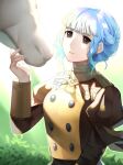  1girl absurdres animal blue_hair blunt_bangs braid brown_eyes buttons commentary_request crown_braid fire_emblem fire_emblem:_three_houses garreg_mach_monastery_uniform highres horse ikura_(downdexp) juliet_sleeves long_sleeves looking_at_viewer marianne_von_edmund puffy_sleeves short_hair sidelocks smile sunlight 