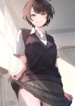  1girl ass_visible_through_thighs black_hair blush breasts collared_shirt commentary hego_0102 hololive looking_at_viewer oozora_subaru school_uniform shirt short_hair short_sleeves skirt skirt_hold solo swept_bangs thighs vest virtual_youtuber 