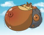  2022 air_inflation alvro anthro belly belly_expansion belly_inflation big_belly big_breasts big_butt blush body_inflation bottomwear breasts brown_body brown_ears brown_hair brown_tail butt butt_expansion cel_shading clothing cloudscape creaking digital_media_(artwork) eevee emme_(reathe) expansion female floating generation_1_pokemon green_eyes grey_bottomwear grey_clothing grey_shorts hair huge_breasts huge_butt huge_thighs hyper hyper_belly hyper_butt hyper_inflation hyper_navel hyper_thighs immobile inflation inflation_fetish looking_pleasured looking_up navel nintendo onomatopoeia outie_navel patreon pokemon pokemon_(species) puffed_cheeks shaded shorts sky solo sound_effects swelling tail tan_clothing tan_sweater tan_topwear text thick_thighs tight_clothing topwear torn_clothing 