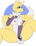  absurd_res angry anthro azucana bandai_namco breasts clenched_teeth clothing covering covering_crotch digimon digimon_(species) female gloves hand_on_breast handwear hi_res looking_at_viewer nipples renamon solo spread_legs spreading tail teeth 