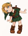  blonde_hair boots clothing elf fingers footwear hair hat headgear headwear hi_res humanoid humanoid_pointy_ears hylian light_body light_skin looking_at_viewer male nintendo not_furry ocarina_of_time simple_background smile sushisalmon95 the_legend_of_zelda white_background young young_link 