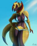  anthro big_breasts bikini blades breasts claws clothed clothing dragon eyelashes female generation_5_pokemon hand_on_hip haxorus hi_res looking_at_viewer narrowed_eyes nintendo paradoxing partially_clothed pokemon pokemon_(species) red_eyes scales scalie skimpy solo swimwear thick_thighs yellow_body yellow_scales 