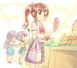  3girls bag blue_dress bow bowtie brown_eyes brown_hair carrot closed_eyes dress food full_body grey_hair grey_skirt hisakawa_hayate hisakawa_nagi holding holding_carrot holding_food holding_spring_onion holding_vegetable idolmaster idolmaster_cinderella_girls igarashi_kyoko indoors kawaseki low_twintails multiple_girls onion shirt shopping siblings side_ponytail sisters sketch skirt spring_onion sweatdrop twins twintails vegetable wavy_mouth yellow_shirt 