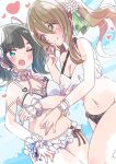  2girls aqua_eyes arm_ribbon arm_under_breasts assault_lily bare_arms bare_shoulders bikini bikini_skirt black_bikini black_hair blue_sky blush bow bracelet breasts brown_hair cleavage closed_mouth cloud collar commentary_request cowboy_shot day dutch_angle eye_contact floating_hair floral_print flower frilled_bikini frills green_ribbon hair_bow hair_flower hair_ornament halterneck hand_on_another&#039;s_stomach hand_to_own_mouth hand_up heart heterochromia honkawa_works jewelry kuo_shenlin long_hair looking_at_another medium_breasts medium_hair multiple_girls navel neck_ribbon o-ring o-ring_bikini o-ring_bottom official_alternate_costume official_alternate_hairstyle one_eye_closed outdoors pink_ribbon print_ribbon red_eyes ribbon see-through sidelocks sky smile standing stomach striped striped_bow swimsuit twintails wang_yujia white_bikini white_bow white_collar white_flower white_ribbon wrist_cuffs yellow_eyes yuri 