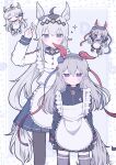  2girls absurdres ahoge animal_ears apron biting blue_eyes blue_hairband blue_jacket blue_skirt blush chibi chibi_inset closed_mouth drooling ear_biting ear_covers frilled_apron frills grey_hair hair_between_eyes hairband height_difference highres horse_ears horse_girl horse_tail jacket jersey_maid long_hair long_sleeves looking_at_viewer maid_apron maid_headdress multiple_girls oguri_cap_(umamusume) pleated_skirt skirt sparkle standing tail tamamo_cross_(umamusume) umamusume v white_apron white_hair white_jacket wotoha 