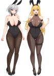  2girls absurdres alternate_costume animal_ears ankle_strap azur_lane black_footwear black_leotard black_pantyhose blonde_hair blue_eyes bodystocking breasts cameltoe center_opening chuer_722 cleavage covered_navel curvy detached_collar fake_animal_ears full_body grey_hair high_heels highleg highleg_leotard highres huge_breasts leotard long_hair looking_at_viewer makeup multiple_girls north_carolina_(azur_lane) pantyhose parted_lips playboy_bunny rabbit_ears red_lips see-through shoes short_hair simple_background standing strapless strapless_leotard thigh_gap thigh_strap undersized_breast_cup washington_(azur_lane) white_background 