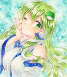  1girl alto2019 detached_sleeves frog_hair_ornament green_hair hair_ornament kochiya_sanae long_hair marker_(medium) nontraditional_miko one_eye_closed sample_watermark shirt single_hair_tube sleeveless sleeveless_shirt snake snake_hair_ornament solo touhou traditional_media watermark white_shirt white_snake wide_sleeves 