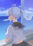  1girl black_sailor_collar black_skirt blue_hair blue_sky bra bra_visible_through_clothes brown_eyes cloud commentary_request day desk floating_hair from_behind hair_between_eyes horizon kopaka_(karda_nui) mouth_hold ocean open_window original outdoors pleated_skirt ponytail profile sailor_collar school_desk school_uniform serafuku shirt short_sleeves skirt sky solo tupet underwear water wet wet_clothes wet_shirt white_bra white_shirt window 