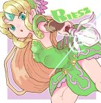  1girl :o aqua_gemstone armor blonde_hair blue_eyes breasts character_name dress forehead_jewel green_armor green_dress holding holding_polearm holding_weapon long_hair looking_at_viewer open_mouth polearm riesz seiken_densetsu seiken_densetsu_3 shoulder_armor sicky_(pit-bull) small_breasts solo spear strapless strapless_dress very_long_hair weapon 