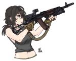  1girl aiming ak-74 aks-74 assault_rifle bare_arms black_hair blue_eyes breasts brown_gloves chinese_commentary closed_mouth collarbone commentary finger_on_trigger fingerless_gloves gloves gp-25 grenade_launcher grey_tank_top gun hair_between_eyes hair_tie holding holding_gun holding_weapon kalashnikov_rifle looking_ahead medium_breasts medium_hair messy_hair mmmn540d88 mouth_hold muzzle_brake original ponytail profile reflex_sight rifle signature simple_background sleeveless sling stomach tank_top two-tone_gloves underbarrel_grenade_launcher upper_body weapon white_background 