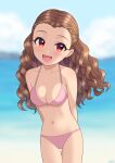  1girl arms_behind_back blue_sky blurry blurry_background breasts brown_hair check_commentary cloud collarbone commentary_request commission cowboy_shot day forehead highres idolmaster idolmaster_cinderella_girls light_blush long_hair looking_at_viewer medium_breasts navel ocean open_mouth outdoors red_eyes seki_hiromi skeb_commission sky smile solo stomach thighs wavy_hair wgm_oekaki 
