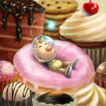  1boy alien arms_behind_head backpack bag big_nose blonde_hair blue_background blue_light blue_trim buttons cake cherry chocolate closed_eyes closed_mouth cookie cortoony doughnut english_text food fruit highres louie_(pikmin) lying on_back pikmin_(series) pointy_ears radio_antenna short_hair smile space_helmet spacesuit very_short_hair 