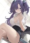  1girl bare_legs black_skirt blue_archive breasts crossed_legs cup halo large_breasts lemoneko long_hair looking_at_viewer miniskirt office_lady parted_lips partially_unbuttoned pleated_skirt purple_eyes purple_hair shirt shirt_tucked_in sitting skirt solo thighs two_side_up v-shaped_eyebrows white_shirt yuuka_(blue_archive) 