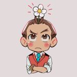  1boy ace_attorney antenna_hair apollo_justice aqua_necktie asymmetrical_eyebrows blush_stickers bracelet brown_eyes brown_hair closed_mouth collared_shirt crossed_arms flower flower_on_head frown highres jewelry lapel_pin lapels looking_up male_focus necktie no_nose pink_background red_vest reikacchan shirt short_hair sleeves_rolled_up solo upper_body vest white_flower white_shirt 
