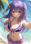  1girl beach bikini blue_eyes breasts cleavage collarbone commentary_request hair_between_eyes hair_ribbon karutamo looking_at_viewer medium_breasts navel open_mouth original purple_bikini purple_scrunchie rakugaki-chan ribbon scrunchie selfie standing swimsuit two_side_up white_ribbon wrist_scrunchie 