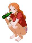  1girl bare_legs barefoot bikini bikini_bottom_only bottle bracelet collarbone commentary drinking earrings feet full_body glass_bottle highres holding holding_bottle jewelry legs light_blush long_hair looking_at_viewer nami_(one_piece) one_piece orange_eyes orange_hair parted_lips pearl_earrings red_shirt shirt short_sleeves shoulder_tattoo single_sidelock smile solo squatting swimsuit symbol-only_commentary tattoo toes urasanmyaku wet white_background 