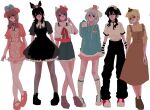  6+girls animal_ear_headwear animal_ears bare_shoulders black_bow black_dress black_footwear black_hair black_pants blonde_hair bow brown_sweater cat_ear_hairband copyright_request denim denim_skirt dog_ears dress fingerless_gloves frilled_dress frills full_body gloves grey_pantyhose hair_bow head_tilt highres jersey kneehighs looking_at_viewer mary_janes medium_hair midriff multiple_girls open_mouth oversized_clothes pants pantyhose pink_dress pink_footwear puffy_sleeves red_bow shoes short_hair simple_background skirt sneakers socks standing standing_on_one_leg striped striped_gloves sweater white_background yuzuha_takamura 