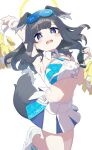  1girl absurdres animal_ears arm_up black_hair blue_archive blush breasts cheerleader cleavage dog_ears dog_girl dog_tail facial_mark goggles goggles_on_head halo hibiki_(blue_archive) hibiki_(cheer_squad)_(blue_archive) highres holding long_hair looking_at_viewer medium_breasts navel open_mouth pleated_skirt pom_pom_(cheerleading) purple_eyes shoes simple_background skirt solo standing standing_on_one_leg star_(symbol) tail u-st_(uweiter) wavy_mouth white_background white_footwear white_skirt 