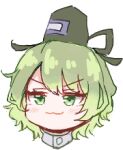  1girl :3 black_headwear blush commentary_request green_eyes green_hair hat head_only looking_to_the_side lowres short_hair simple_background smug soga_no_tojiko solo takana_(forsterite) tate_eboshi touhou v-shaped_eyebrows white_background 