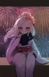  1girl absurdres blue_archive blush fireworks flower grin hair_flower hair_ornament highres japanese_clothes kimono long_hair looking_at_viewer mutsuki_(blue_archive) mutsuki_(new_year)_(blue_archive) purple_eyes saeda8e sash scarf sitting smile solo white_hair 