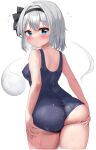  1girl ass black_hairband black_one-piece_swimsuit blue_eyes blush breasts commentary covered_nipples cowboy_shot flying_sweatdrops from_behind ghost grey_hair hair_intakes hairband highres konpaku_youmu konpaku_youmu_(ghost) large_breasts looking_at_viewer one-piece_swimsuit short_hair solo swimsuit touhou wet youmu-kun 