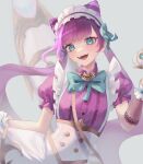  1girl :d absurdres bow bowtie cafe_cuties_jinx collared_shirt dress_shirt flower green_bow green_bowtie green_eyes green_flower hair_flower hair_ornament highres holding holding_tray jinx_(league_of_legends) league_of_legends long_hair long_sleeves maid_headdress mettyon multicolored_hair official_alternate_costume pink_hair puffy_short_sleeves puffy_sleeves raccoon_ornament shirt short_sleeves skirt smile solo teeth tray two-tone_hair white_skirt 