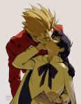  1boy 1girl black_hair black_ribbon blonde_hair cape closed_eyes coat couple earrings hetero jewelry kiss lemoneto meryl_stryfe red_coat ribbon short_hair simple_background sunglasses trigun vash_the_stampede white_background white_cape 