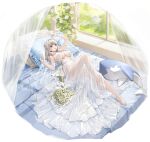  1girl :d artist_request azur_lane barefoot breasts bridal_gauntlets bridal_veil center_opening check_artist dress drill_hair grey_hair highres hougu_souji large_breasts leg_up long_hair luetzow_(azur_lane) luetzow_(sleeping_white_beauty)_(azur_lane) lying official_art smile solo twin_drills veil wedding_dress white_dress 